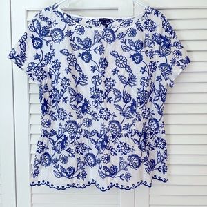 Talbots White & Blue Embroidered Top